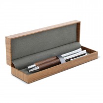 Ensemble stylo à bille et roller en métal bois de noyer dans une boîte en cadeau client