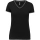 T-Shirt Maille Piquée Col V Femme, Couleur : Black / Light Grey / White, Taille : XS