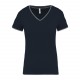 T-shirt maille piquée col V femme, Couleur : Navy / Light Grey / White, Taille : XS
