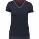 T-Shirt Maille Piquée Col V Femme, Couleur : Navy / Red / White, Taille : XS