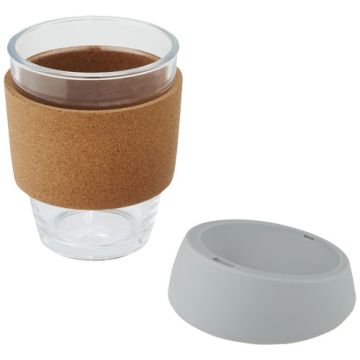 Gobelet personnalisable Lidan de 360 ml en verre borosilicate avec grip en liège et couvercle en silicone