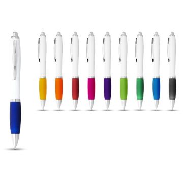 Stylo publicitaire à bille Nash Blanc grip couleur, encre bleue