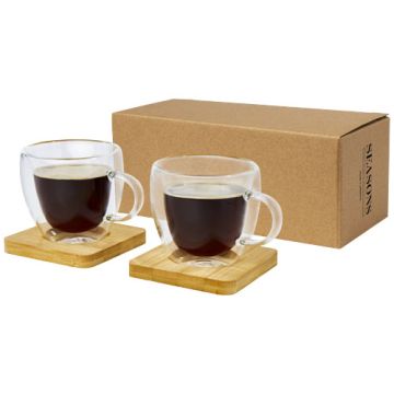 Tasse personnalisable Manti 2 pièces en verre à double paroi de 100 ml avec sous-verre en bambou