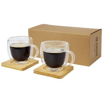 Tasse pub Manti 2 pièces en verre à double paroi de 250 ml avec sous-verre en bambou