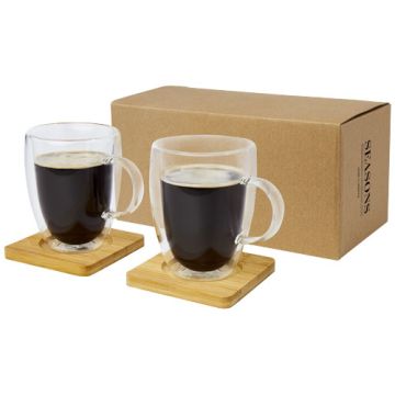 Tasse pub Manti 2 pièces 350 ml à double paroi en verre avec sous-verre en bambou