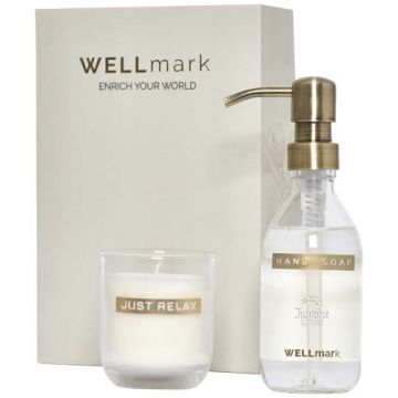 Distributeur personnalisable de savon pour les mains de 250 ml et ensemble de bougies parfumées de 150 g Wellmark Discovery- parfum linge frais