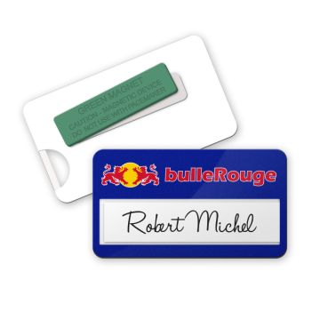 Badge aimanté 70 x 40 mm avec Logo + Zone Nom