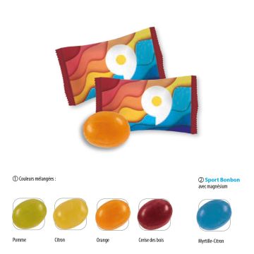 Bonbon fruité sans sucre ou avec magnésium emballé en flowpack