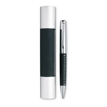 Stylo Publicitaire métal avec finitions argent chromé et cuir