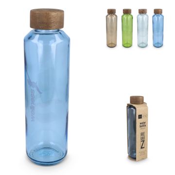 Bouteille d’eau publicitaire en verre recyclé ReuuZ avec bouchon en bois 650 ml