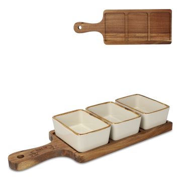 Planche de service en bois avec 3 bols en céramique