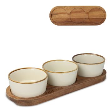 Support en bois avec 3 bols ronds en céramique