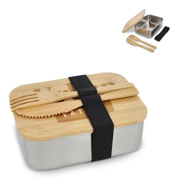 Boîte à lunch publicitaire en acier inoxydable avec couvercle en bambou