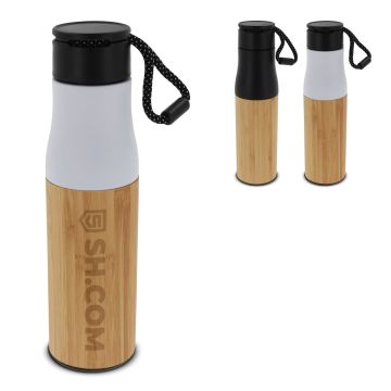 Gourde Publicitaire isotherme avec dragonne et partie extérieur bambou 500 ml