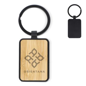 Porte-clés publicitaire en bambou et métal rectangulaire
