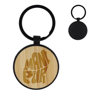 Porte-clés publicitaire en bambou et métal rond