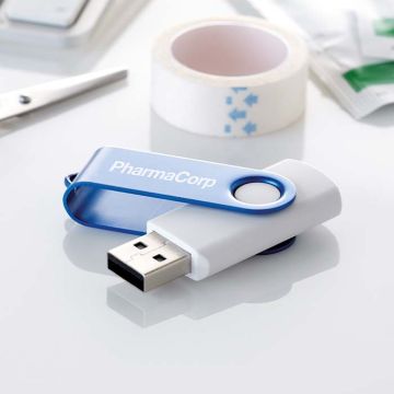 Clé USB corps plastique blanc et un clip rotatif métallique coloré.