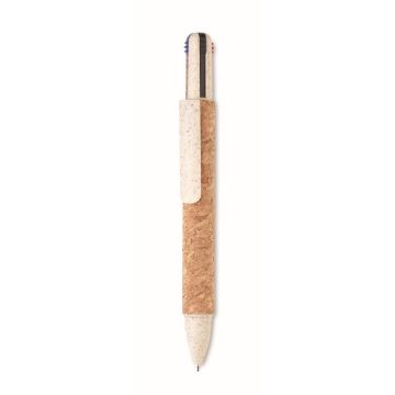 Stylo à bille 4 couleurs écolo. avec corps en liège et paille de blé