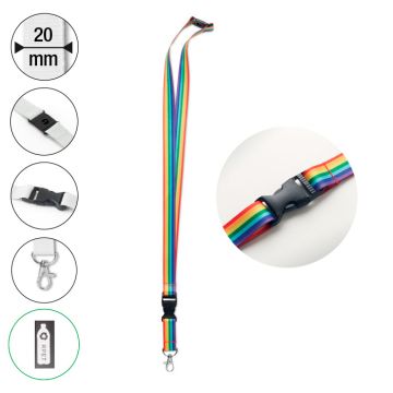Lanyard arc-en-ciel 20 mm en RPET avec clip de sécurité et boucle détachable