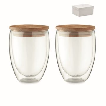 Ensemble de verre à double paroi Publicitaire et couvercle en bambou 350 ml