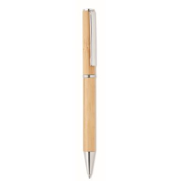 Stylo publicitaire twist en bambou, embout métal argent