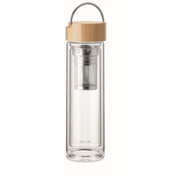 Bouteille Publicitaire double paroi en verre avec infuseur à thé 400 ml