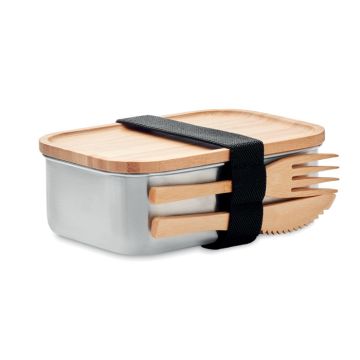 Lunch Box en Acier inox. et bois 600 ml avec couverts