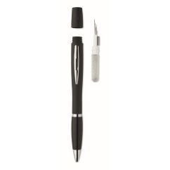 Stylo comprenant un kit de nettoyage pour oreillette de téléphone.